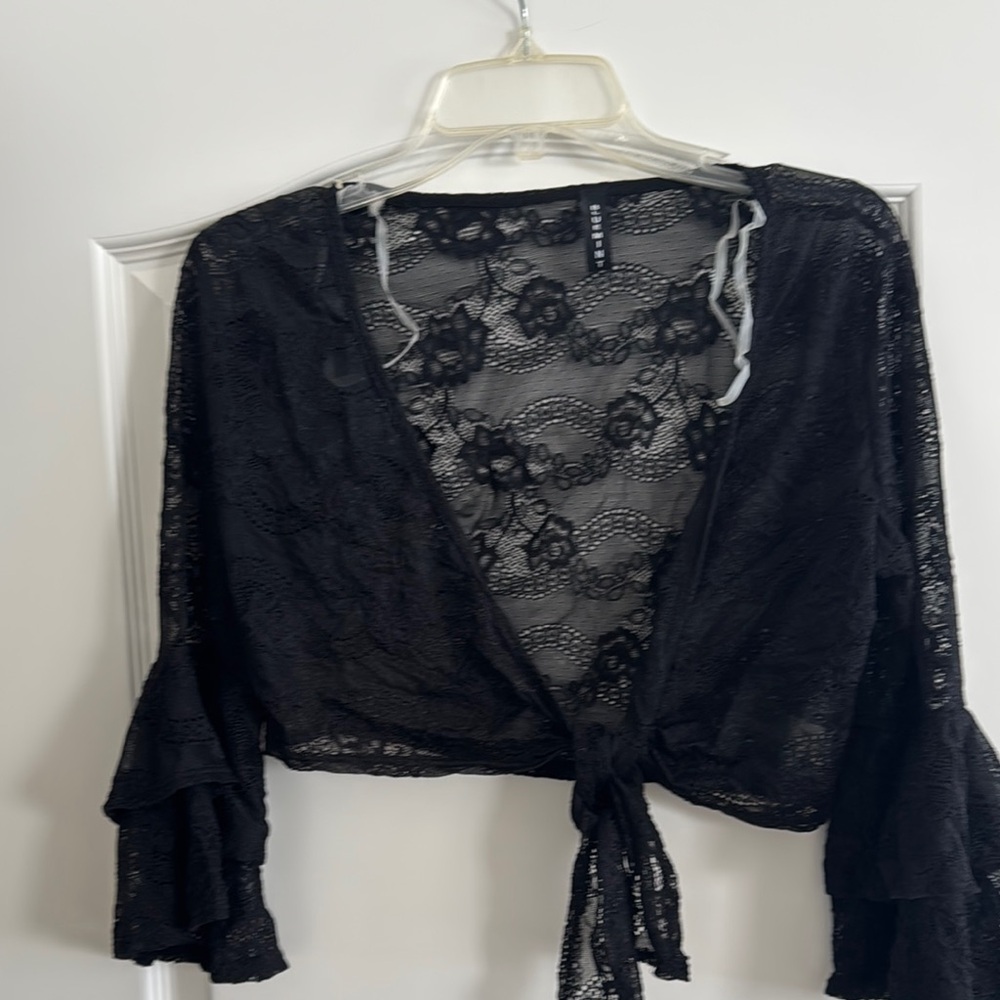 Black Lace Tie-Front Top